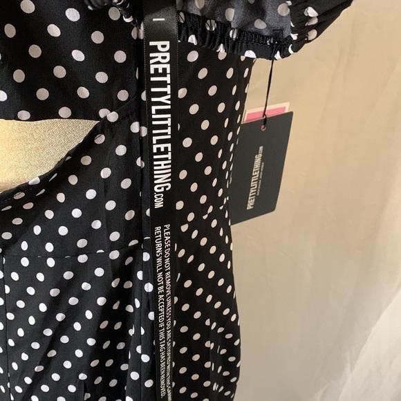 PrettyLittleThing Black White Polka Dot Dress Waist Cut Out Size 10 - Picture 7 of 16